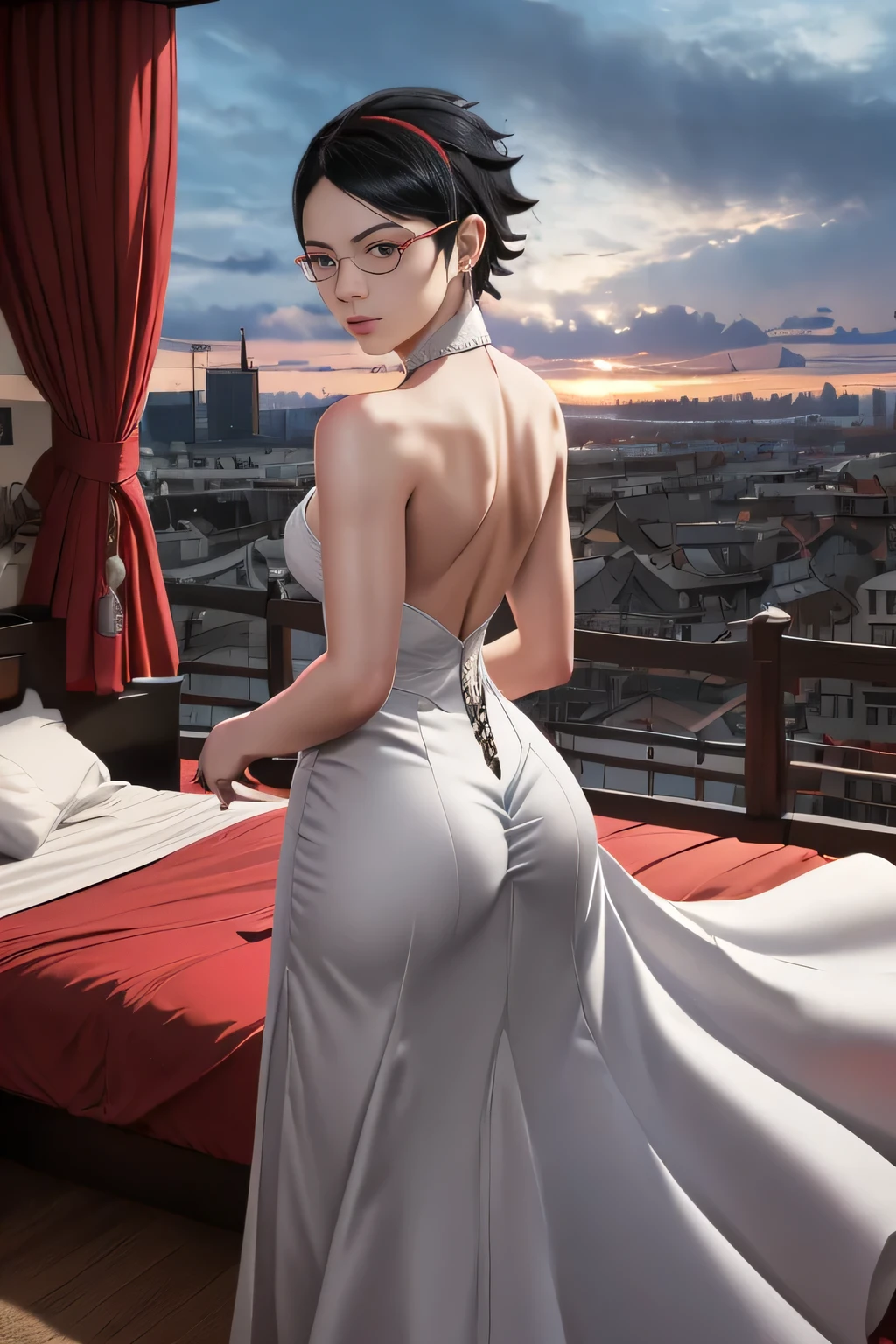 masterpiece, absurdres , (intricate details), (colorful),cinematic lighting,extremely detailed CG unity 8k wallpaper , Sarada Uchiha, 1girl, solo, white tight wedding dress , looking at viewer, outdoors, hotel bedroom , cloudy sky, wind, seductive pose from behind