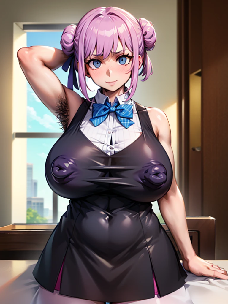 (1milf, solo), sitting, (sleeveless shirt, hotel doorman uniform, bow tie), French twist updo, embarrassing big smile, (masterpiece best quality), delicate illustration ultra-detailed, sagging huge breasts, (customer service counter), work desk, detailed lobby background, ((showing hairy armpit hair)), thick makeup, upper body only, pamphlet, in hotel lobby, sweating, hand behind head, tablet