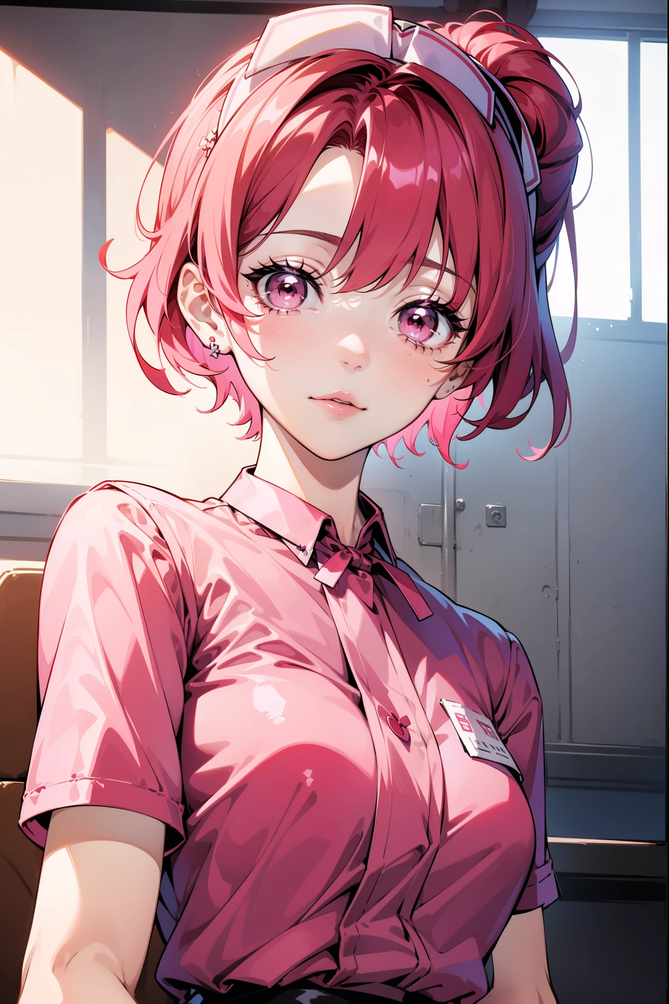 Anime girl in nurse's uniform，full bodyesbian，Three View，A red ribbon hangs around his neck, Best anime 4k，Pink hair, short detailed hair, Nurse outfit,,Pure white background, Expressionless, Delicate,, Pink eyes
