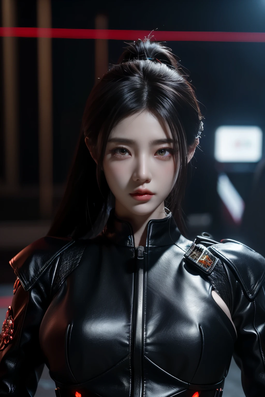 Game art，The best picture quality，Highest resolution，8K，(A bust photograph)，(Portrait)，(Head close-up)，(Rule of thirds)，Unreal Engine 5 rendering works， (The Girl of the Future)，(Female Warrior)， 22 year old girl，(Female hackers)，(White，Ancient Oriental hairstyle)，((The pupils of the red eyes:1.3))，(A beautiful eye full of detail)，(Big breasts)，(Eye shadow)，Elegant and charming，indifferent，((Anger))，(Cyberpunk jacket full of futuristic look，Joint Armor，There are exquisite Chinese patterns on the clothes，A flash of jewellery)，cyberpunk characters，futuristic style， photo poses，city background，Movie lights，Ray tracing，Game CG，((3D Unreal Engine))，OC rendering reflection pattern