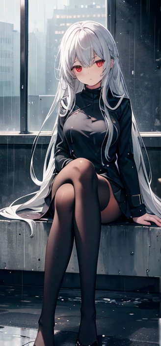 A beautiful woman with big tits and a big ass with long white hair is sitting with her legs spread in a public place.