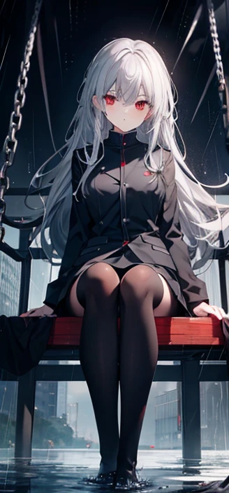 Gray Hair　Red Eye　Long Hair　Lori　black tights　slender　Swing　rain　cute　beautiful girl　uniform　one person　Wet　Dark look　Sitting