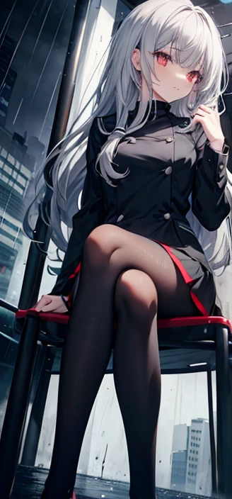 Gray Hair Red Eye Long Hair Lori black tights slender Swing rain cute beautiful girl uniform one person Wet Dark look Sitting