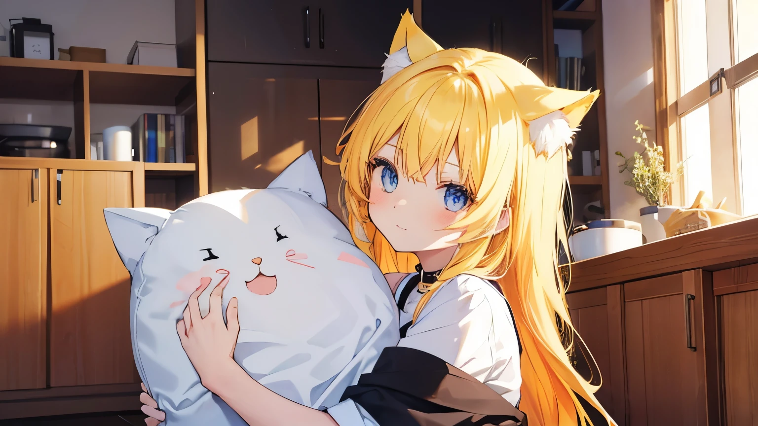 Cute anime cat girl with yellow hair and blue eyes stays at home.
