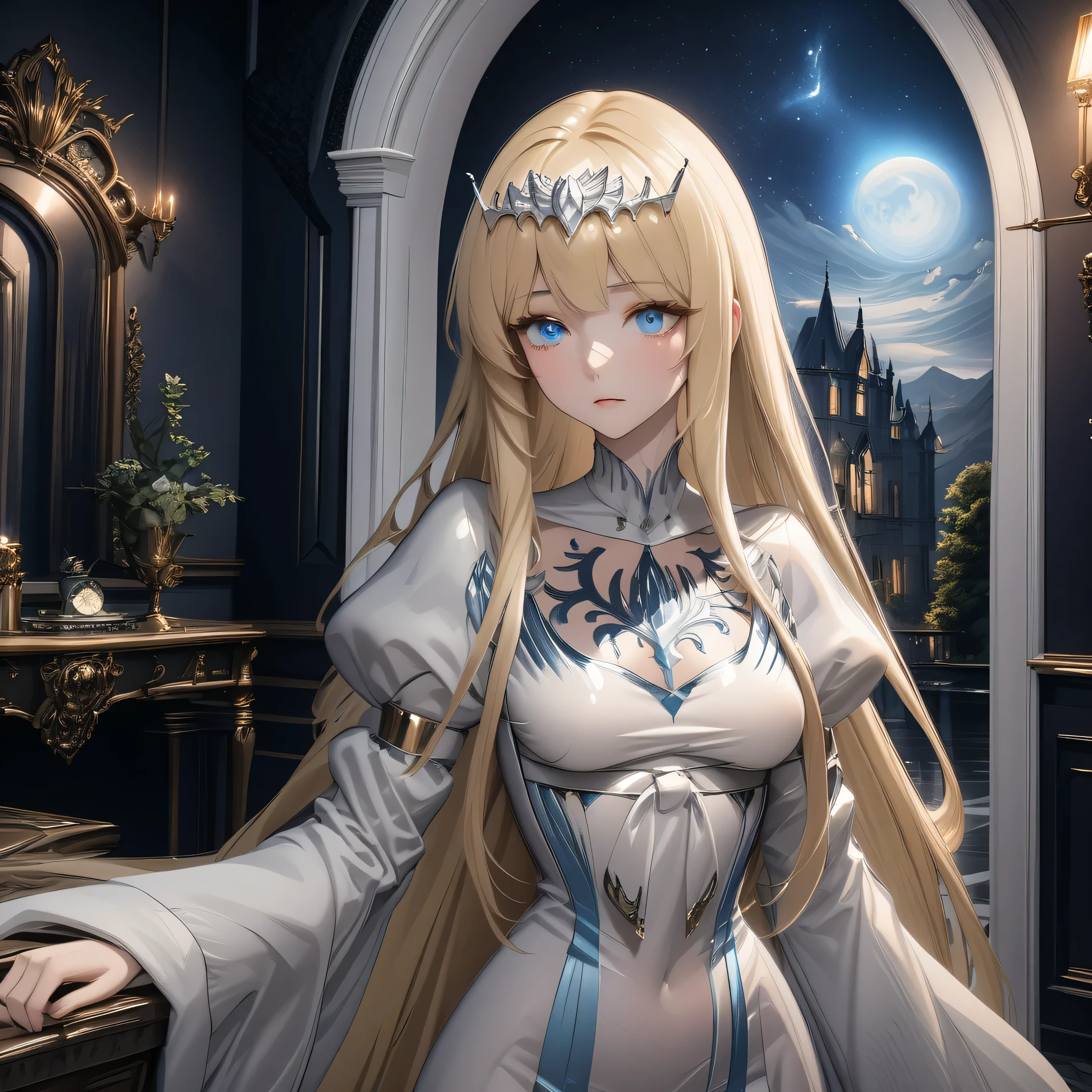 hyper-detailed render style, glow, yellow, blue, surreal oil painting, shiny eyes, closeup, exaggerated perspective, Tyndall effect, a holographic white, beautiful background, 1girl, solo, Calca, Calca Bessarez, blonde hair, extremely long hair, very long hair, white tiara, silver tiara, white dress, blue eyes, medium chest, very short neck, extremely short neck, beautiful scenery, night time, in door, in gothic victorian style mansion, luxurious room, detailed room