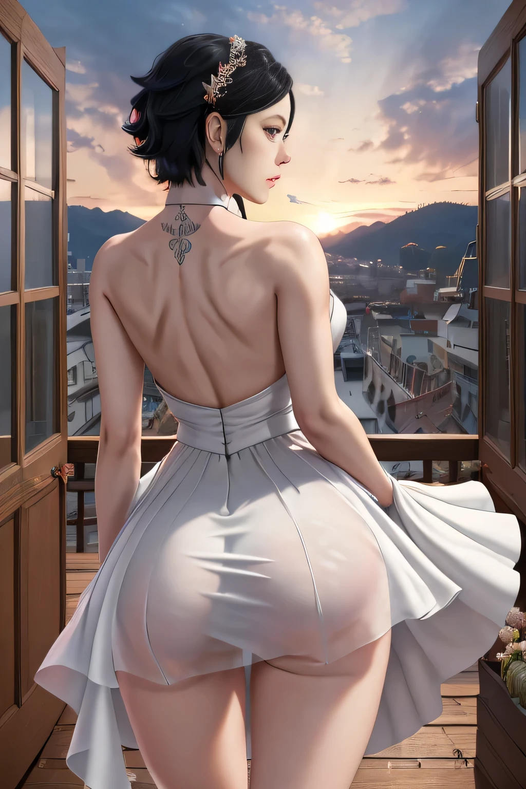 masterpiece, absurdres , (intricate details), (colorful),cinematic lighting,extremely detailed CG unity 8k wallpaper , Sarada Uchiha, 1girl, solo, white tight wedding dress , looking at viewer, outdoors, hotel bedroom , cloudy sky, wind, seductive pose from behind, lifts her dress and shows her white thong(upskirt)