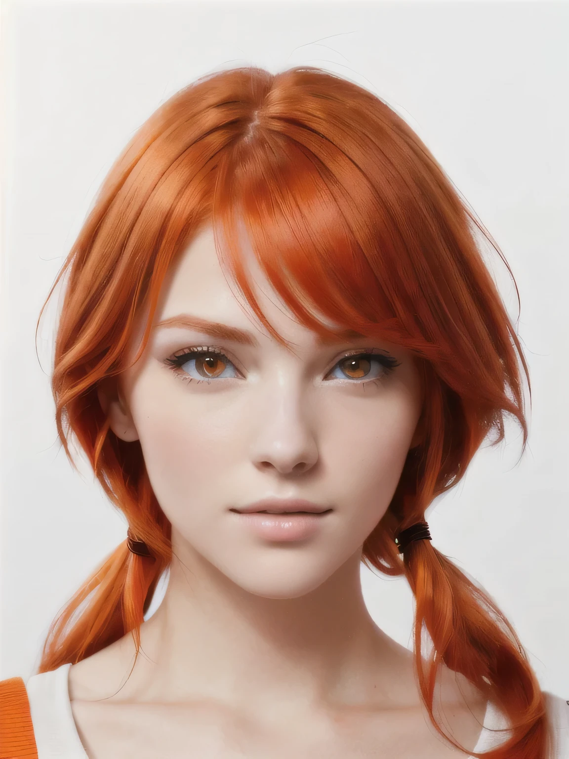 photo Реалистичный, Best quality, ultra high resolution, depth, Natural shading, focus on the face, just a face, I look at the viewer, Red hair, orange hair, Red eyes
