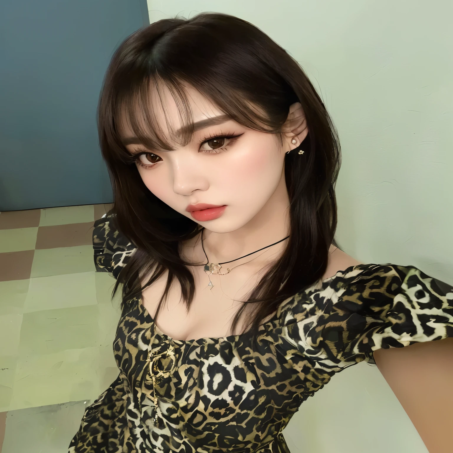 um close de uma mulher em um vestido com estampa de leopardo, Sun Yunjoo, Heonhwa Choe, Com franja, lalisa manobal, Ulzzang, portrait of jossi do blackpink, jossi do blackpink, estacionar a partir de-min, Jennie Blackpink, Lalisa Manoban do Blackpink, cabelo castanho e franja, Jinyoung Shin, brown hair Com franja, seios bem fartos e marcados, cabelo grande abaixo do ombro, olhos cinzas