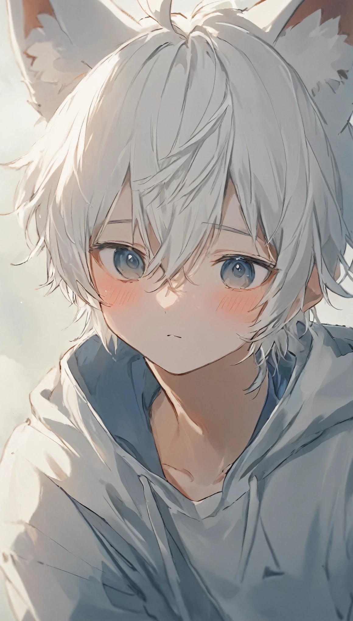 White Haired Anime Boy, Fox Ears, Shy Blushing HD