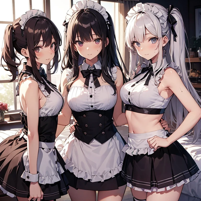 A group of maids, (in bedroom), various hair styles, harem, night, details face, short skirt, seducing, sleeveless, sweaty armpits