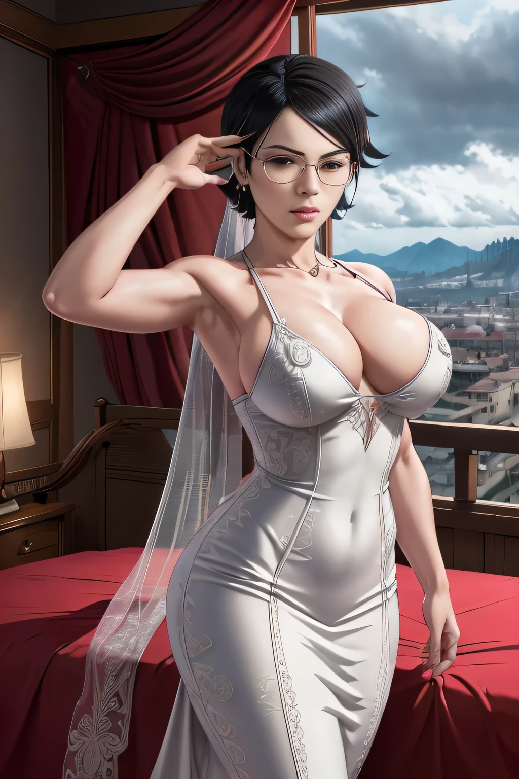 masterpiece, absurdres , (intricate details), (colorful),cinematic lighting,extremely detailed CG unity 8k wallpaper , Sarada Uchiha, 1girl, solo, white tight wedding dress , looking at viewer, outdoors, hotel bedroom , cloudy sky, wind, seductive pose, showing her tits