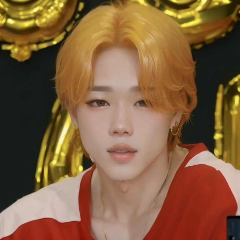 a close up of a person with a red shirt and a gold object, jimin\'s plump lips, jimin\'s grecian nose, accurate jimin face, jimin, park jimin, jimin\'s right eyelid swollen, jung jaehyun, yanjun chengt, taejune kim, hyung tae, cai xukun, with same hairstyle, park jimin, hd  best quality 