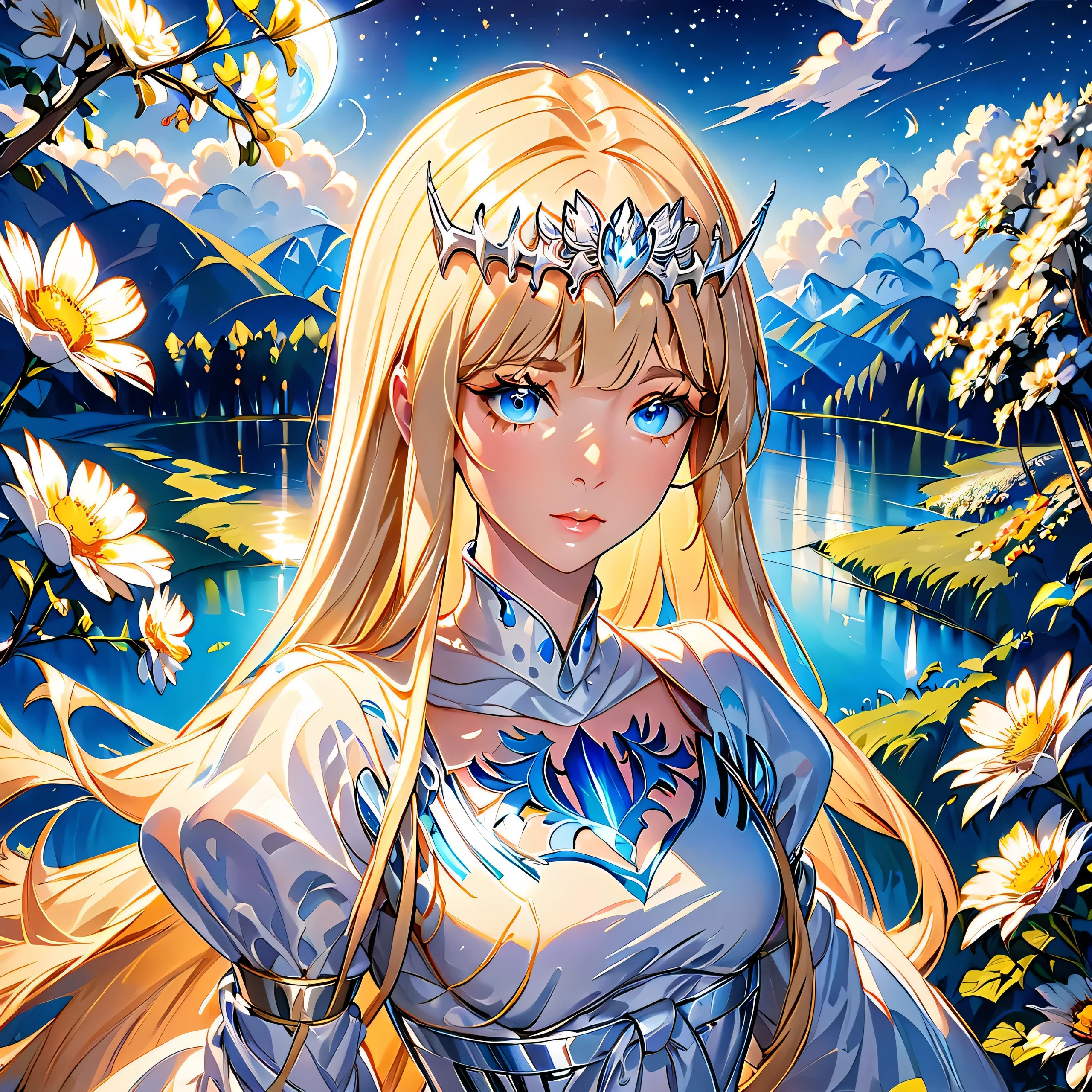 hyper-detailed render style,glow, yellow,blue,brush, surreal oil painting, shiny eyes, head closeup, exaggerated perspective, Tyndall effect,,holographic, 1girl, solo, Calca, Calca Bessarez, blonde hair, extremely long hair, very long hair, white tiara, silver tiara, white dress, blue eyes, medium chest, long straight hair, in magical forest, fluorescent wild flower, beautiful scenery, outdoor, night time