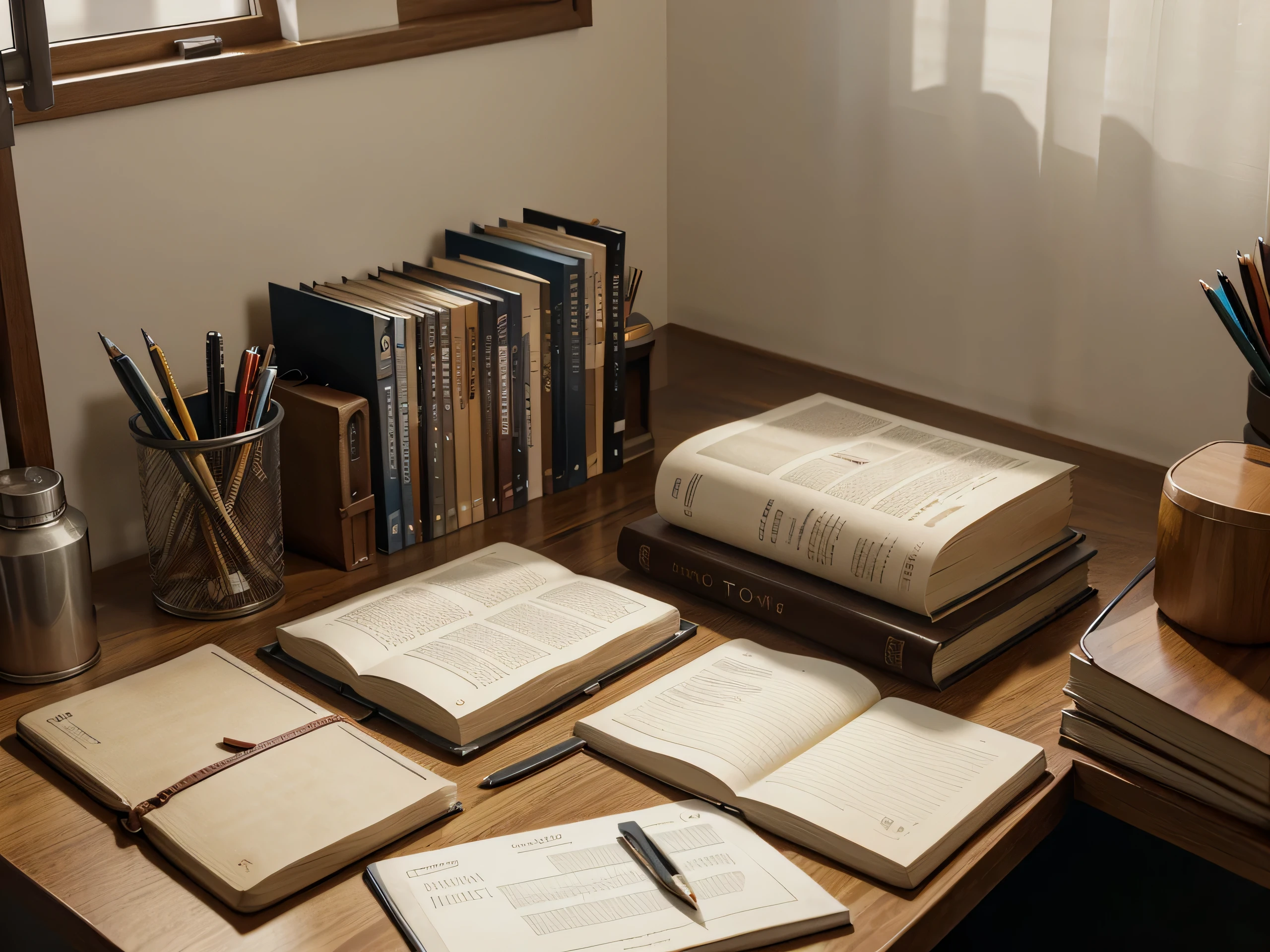 a student's desk with books, notebooks, pens, and pencils, detailed stationery,highly detailed, photorealistic, cinematic lighting, warm color tones, pristine condition, organized and tidy, textured paper, reflections, ambient occlusion, depth of field, subtle vignette