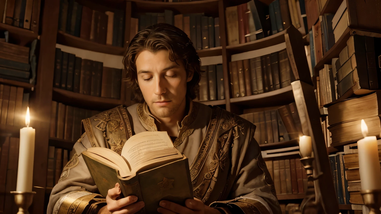 King David, reading ancient books and observing stars, with an expression of seeking wisdom, surrounded by parchments and study instruments.