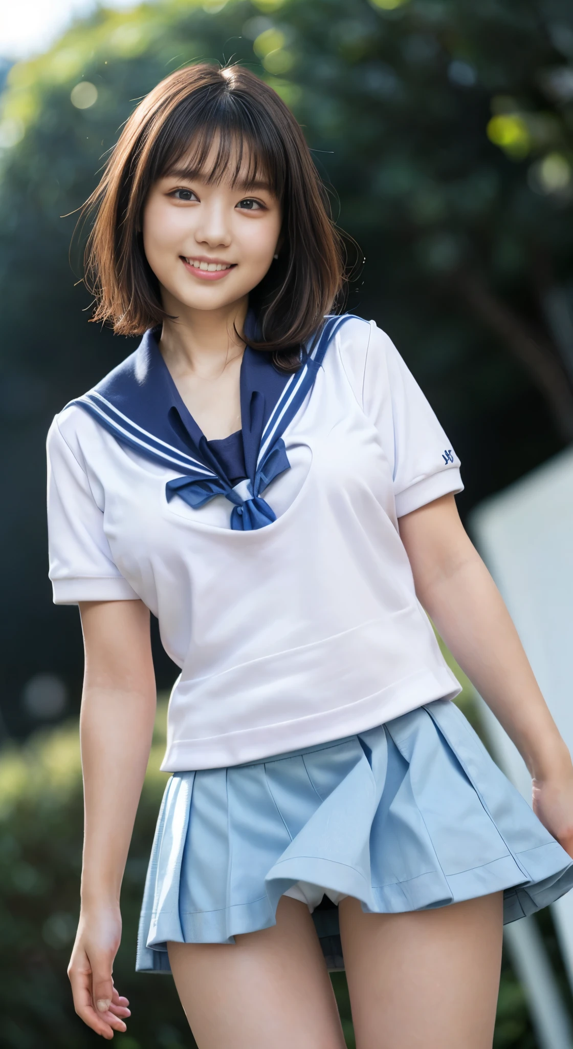 (8k、Raw photography、highest quality、masterpiece:1.2),(Black Hair:1.5),(Very short hair:1.4),(1 high school girl:1.6)、(school uniform、Polo shirt、skirt: 1.6)、(Clothing that emphasizes the shape of your chest:1.3)、(Big Breasts:1.9)、(Light blue sailor suit、tie:1.5)、Ultra-high resolution,(grassland:1.3)、(Japanese women: 1.2),(Realistic:1.37)、Photon Mapping,reality、(very cute: 1.9)、(Cute Smile: 1.8)、(Round face: 2.0)、(: 1.4)、Radio City、Physically Based Rendering、Depth of field rally background、photograph, (短すぎるskirtを履いている: 2.0)、(チェック柄のプリーツskirt:1.4)、(White panties are visible:1.4),(Angle from below、Your thighs are beautiful: 1.5)、whole body、Great quality