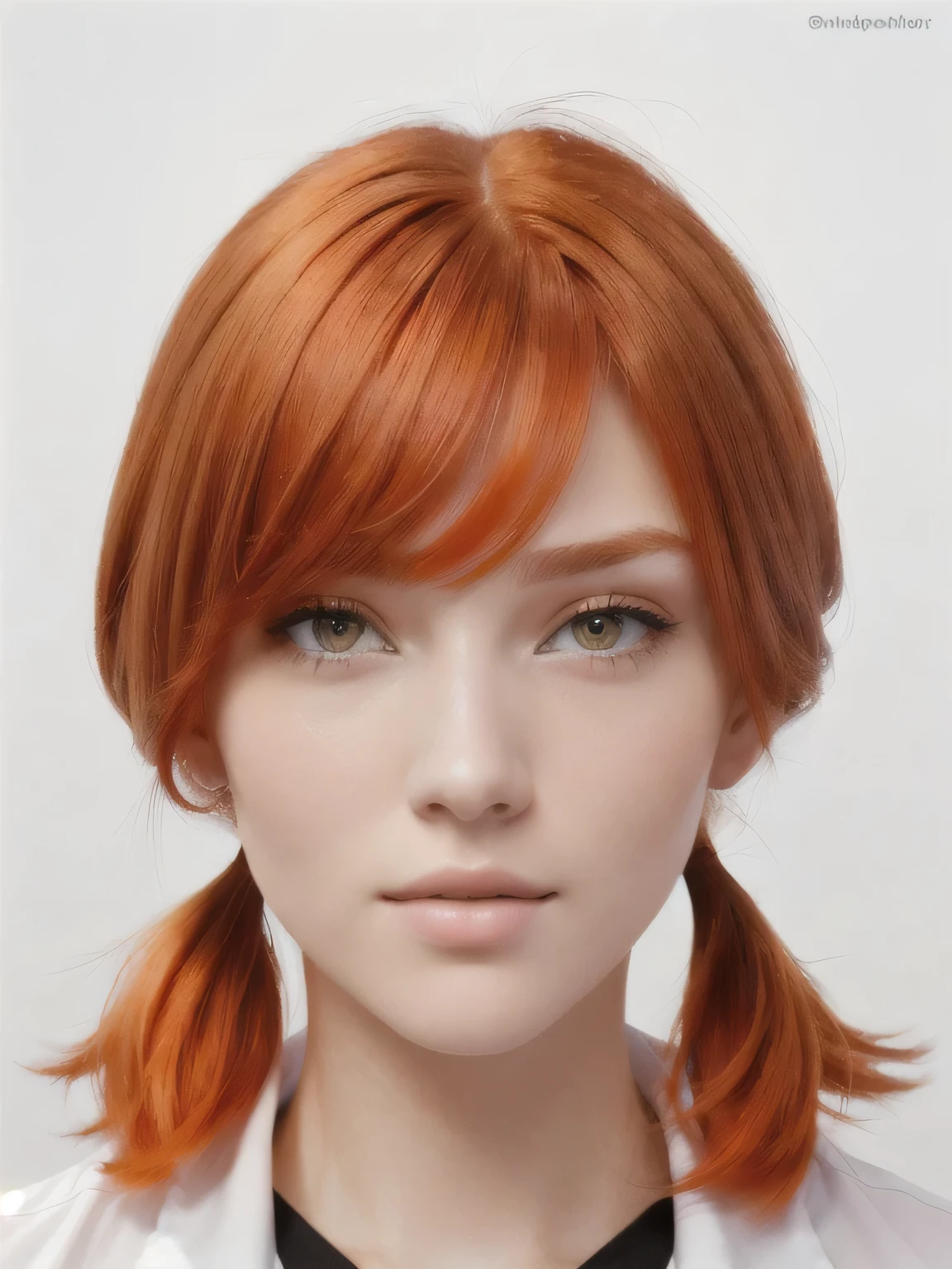 photo Реалистичный, Best quality, ultra high resolution, depth, Natural shading, focus on the face, just a face, glance looks sideways, Red hair, orange hair, Brown eyes, two ponytails