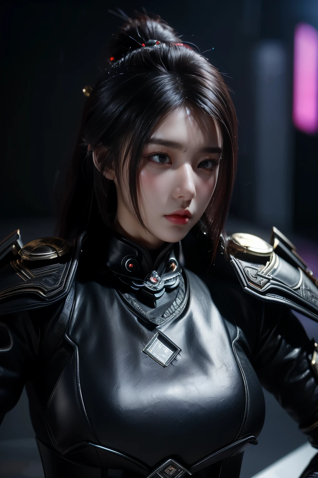 Game art,The best picture quality,Highest resolution,8K,(A bust photograph),(Portrait),(Head close-up),(Rule of thirds),Unreal Engine 5 rendering works, (The Girl of the Future),(Female Warrior), 22 year old girl,(Female hackers),(White,Ancient Oriental hairstyle),((The pupils of the red eyes:1.3)),(A beautiful eye full of detail),(Big breasts),(Eye shadow),Elegant and charming,indifferent,((Anger)),(Cyberpunk jacket full of futuristic look,Joint Armor,There are exquisite Chinese patterns on the clothes,A flash of jewellery),cyberpunk characters,futuristic style, photo poses,city background,Movie lights,Ray tracing,Game CG,((3D Unreal Engine)),OC rendering reflection pattern