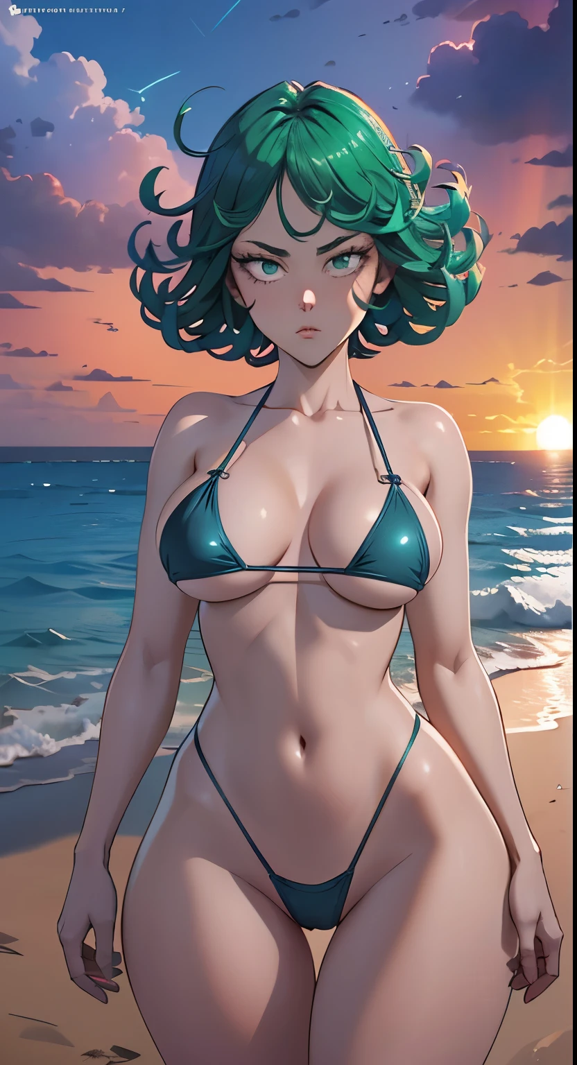 masterpiece, beach sunset scene:1.2), (Tatsumaki from One Punch Man:1.2), (height of 150 centimeters and weight of 47 kg:1.2), (perfectly proportioned body:1.1), (beautiful breasts and shapely, perky buttocks:1.2), (wearing a tastefully tiny thong bikini that accentuates her curves:1.2), (a barely covering bikini top that provides just enough coverage:1.1), (no exaggerations:1.1), (photograph taken at sunset with a captivating backlight against her buttocks:1.3), (capturing a discreet glance towards the camera:1.2), (radiant skin glowing in the golden hour:1.2), (serene and alluring ambiance:1.1) Hyper-detailed, insane details, Beautifully color graded, Unreal Engine, DOF, Super-Resolution,Megapixel, Cinematic Lightning, Anti-Aliasing, FKAA, TXAA, RTX,SSAO,Post Processing, Post Production, Tone Mapping, CGI, VFX, SFX, Insanely detailed and intricate , Hyper maximalist, Hyper realistic, Volumetric, Photorealistic, ultra photoreal, ultra- detailed, intricate details,8K, Super detailed , Full color, Volumetric lightning, HDR, Realistic, Unreal Engine, 16K, Sharp focus. Octane render, (pov: tits)