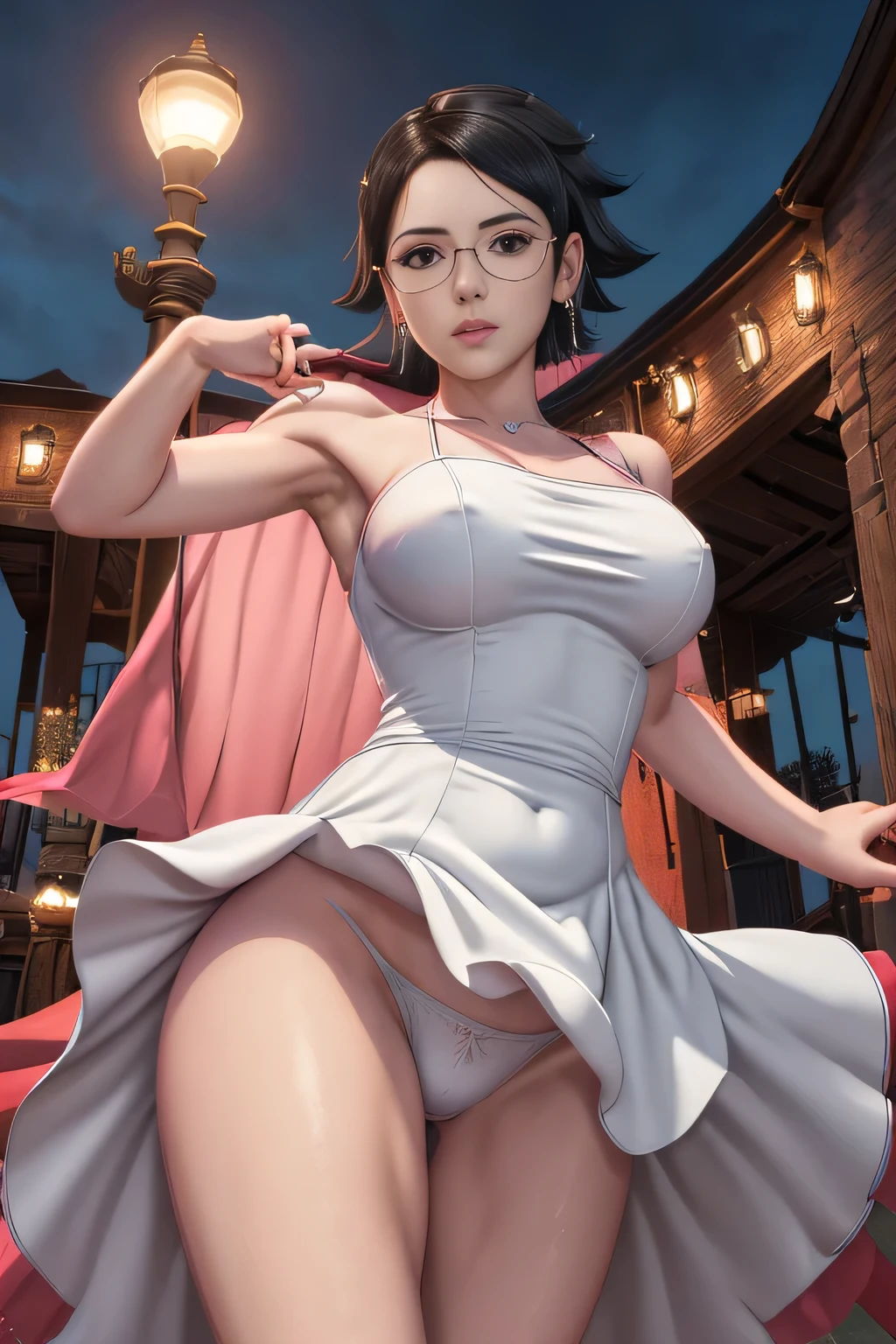 masterpiece, absurdres , (intricate details), (colorful),cinematic lighting,extremely detailed CG unity 8k wallpaper , Sarada Uchiha, 1girl, solo, white tight wedding dress , looking at viewer, outdoors, hotel bedroom , cloudy sky, wind, seductive pose, lifts her dress and shows her white thong(upskirt)