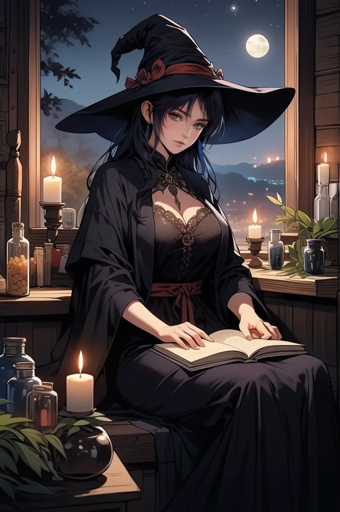 highest quality,　Best image quality,　masterpiece,　1 Female, mature woman, shandy, witch, (witchの大きな帽子:1.2), Alluring, squinting, witchの部屋, witchの館, Sitting, Large jar, candle, A large number of books, Medicine bottles, Dried Herbs, night