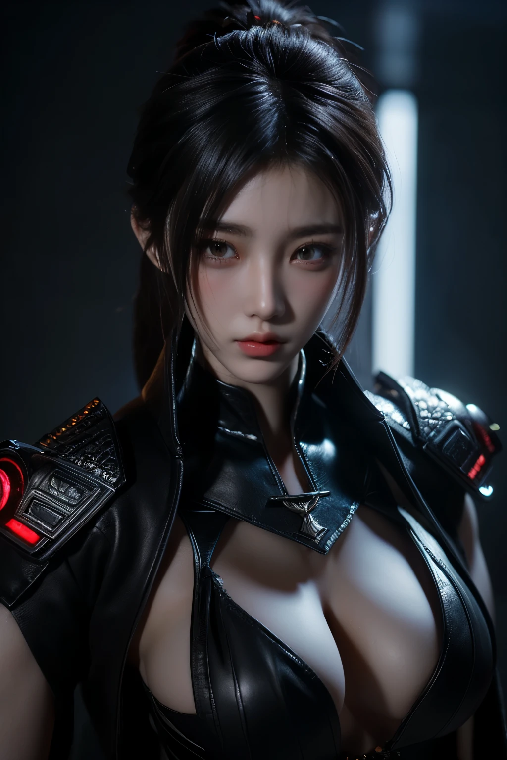 Game art，The best picture quality，Highest resolution，8K，(A bust photograph)，(Portrait)，(Head close-up)，(Rule of thirds)，Unreal Engine 5 rendering works， (The Girl of the Future)，(Female Warrior)， 22 year old girl，(Female hackers)，(White，Ancient Oriental hairstyle)，((The pupils of the red eyes:1.3))，(A beautiful eye full of detail)，(Big breasts)，(Eye shadow)，Elegant and charming，indifferent，((Anger))，(Cyberpunk jacket full of futuristic look，Joint Armor，There are exquisite Chinese patterns on the clothes，A flash of jewellery)，cyberpunk characters，futuristic style， photo poses，city background，Movie lights，Ray tracing，Game CG，((3D Unreal Engine))，OC rendering reflection pattern