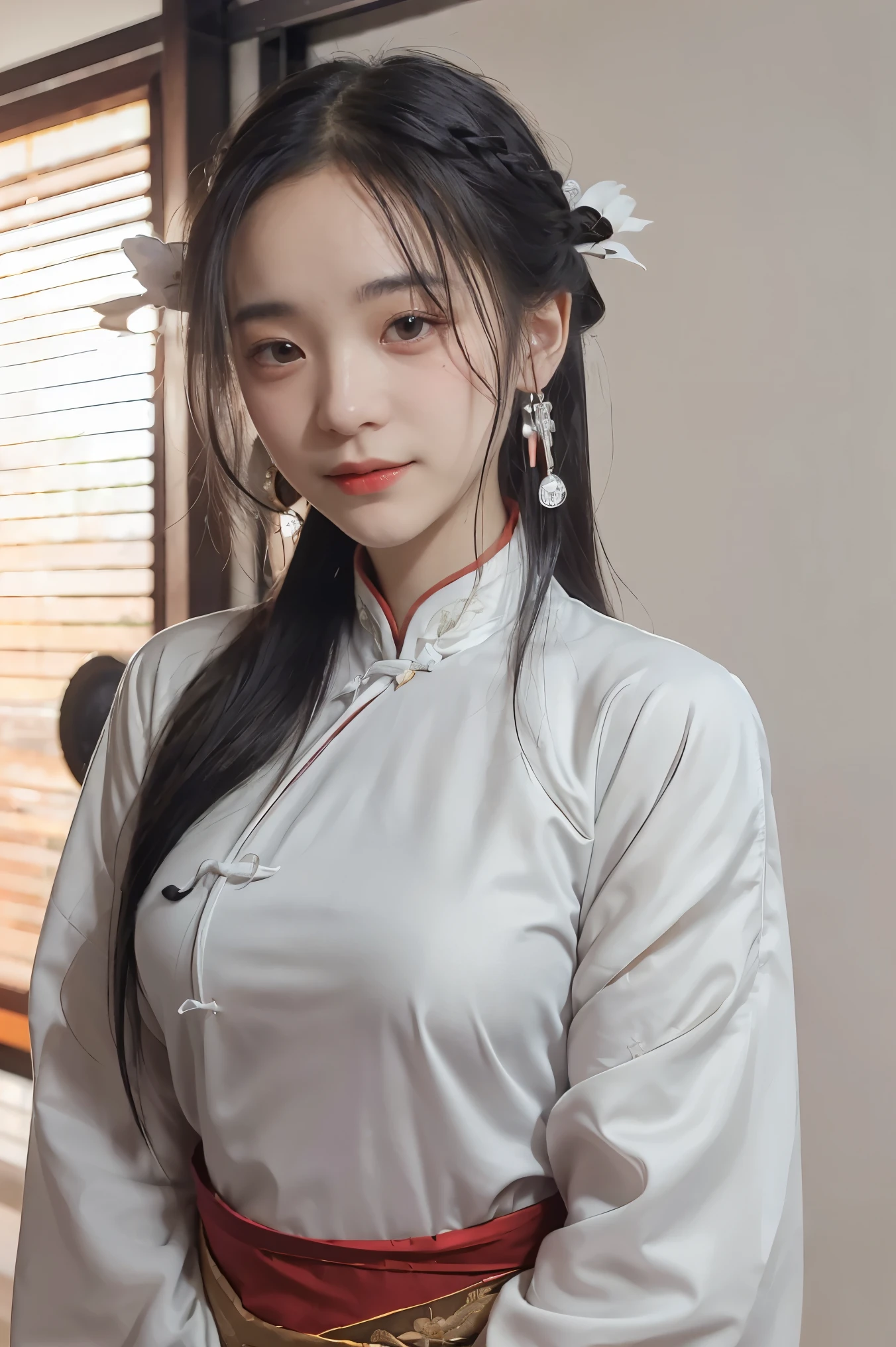 (Masterpiece, High qualityสุด, best quality), ((Wuxia World, Xiu Sian, China Wuxia,)), (1 single girl), (gentle eyes), (Hanfu, beam of light), (hairpin, long black hair), (Hanfu), light pink lips, (young), earring, white skin, (clear facial features, Fine texture, Beautiful face, Highlight page, above waist level), white background, stand, Slim shape, 8k uh, SLR, soft light, High quality, high resolution, (Very detailed CG unity 8k wallpaper.)