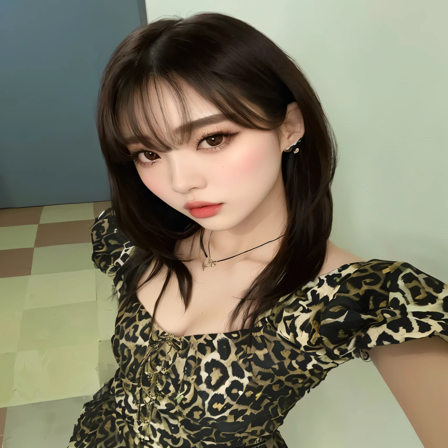 um close de uma mulher em um vestido com estampa de leopardo, Sun Yunjoo, Heonhwa Choe, Com franja, lalisa manobal, Ulzzang, portrait of jossi do blackpink, jossi do blackpink, estacionar a partir de-min, Jennie Blackpink, Lalisa Manoban do Blackpink, cabelo castanho e franja, Jinyoung Shin, brown hair Com franja, seios bem fartos e marcados, cabelo grande abaixo do ombro, olhos cinzas