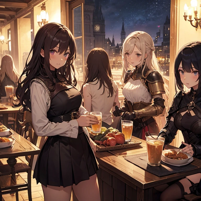 A group of  female medieval fantasy adventurers, (in tavern), various hair styles, harem, night, details face, short skirt, seducing, sleeveless, armor 