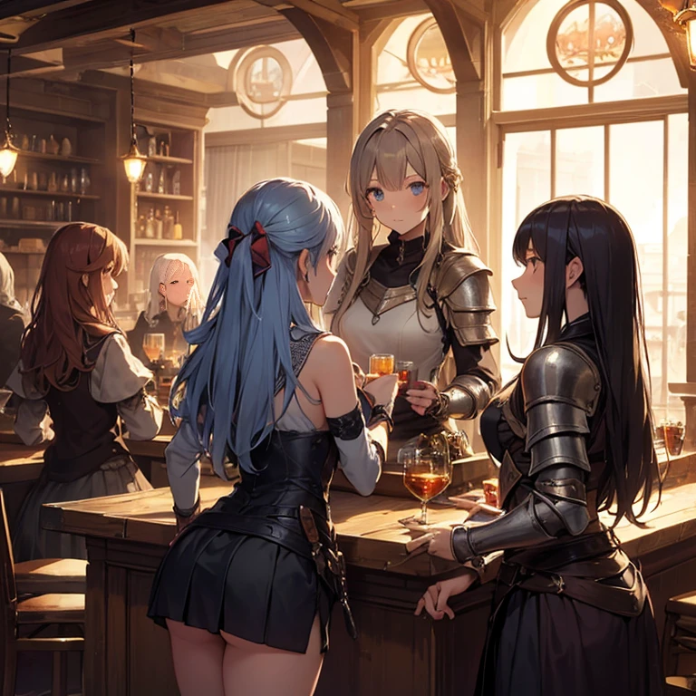 A group of female medieval fantasy adventurers, (in tavern), various hair styles, harem, night, details face, short skirt, seducing, sleeveless, armor