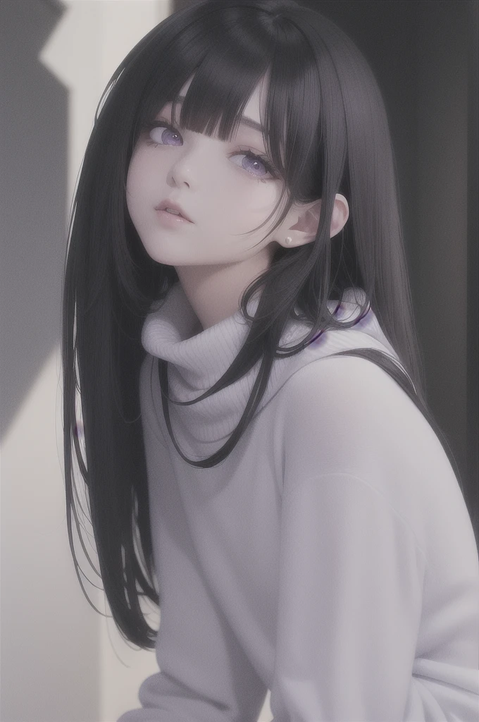 best quality, masterpiece,Black hair, purple eyes, looking up, upper body, white dress with light blue sweater on top. Mole under left eye.