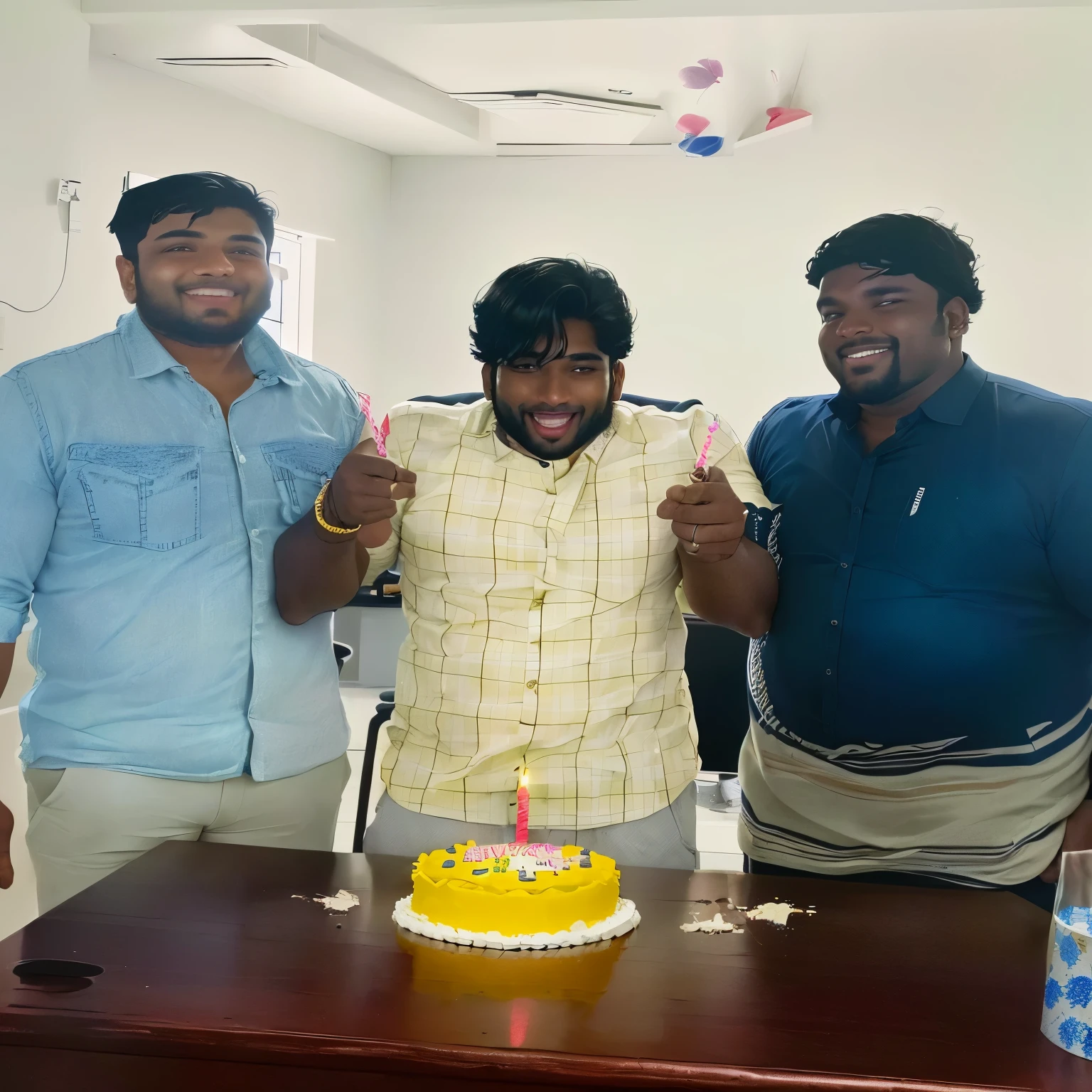 three men standing around a table with a cake on it, celebrating a birthday, happy birthday, exclusive, he is! about 3 0 years , jayison devadas, special, with a happy expression, celebration, at a birthday party, edited, holding a birthday cake, happy!!!, very very happy!, birthday , vinayak, shot on nikon z9