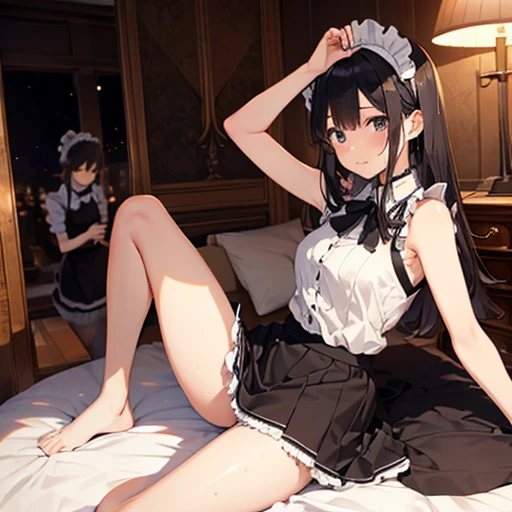 A group of  maids, (in bedroom), various hair styles, harem, night, details face, short skirt, seducing, sleeveless, sweaty armpits 