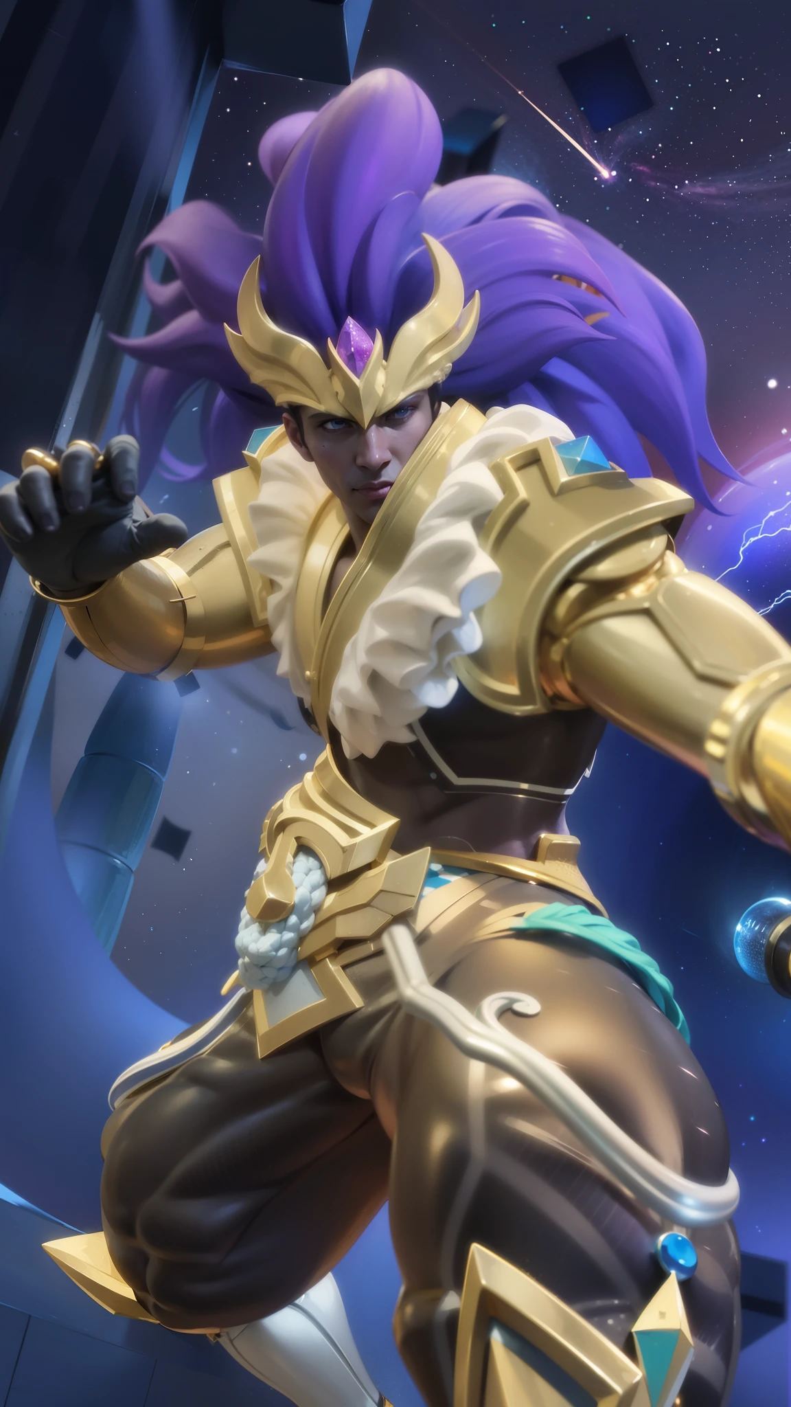 a close up of a male with a purple hair and a gold outfit, Best quality, masterpiece, detailed skin texture, detailed clothes texture, detailed face, super detailed, 8k, intricate detail, The color doesn't change, Muscle guy, 1 male, angry, shining blue eyes.