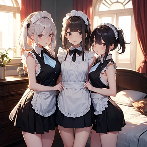 A group of  maids, (in bedroom), various hair styles, harem, night, details face, short skirt, seducing, sleeveless, sweaty armpits 