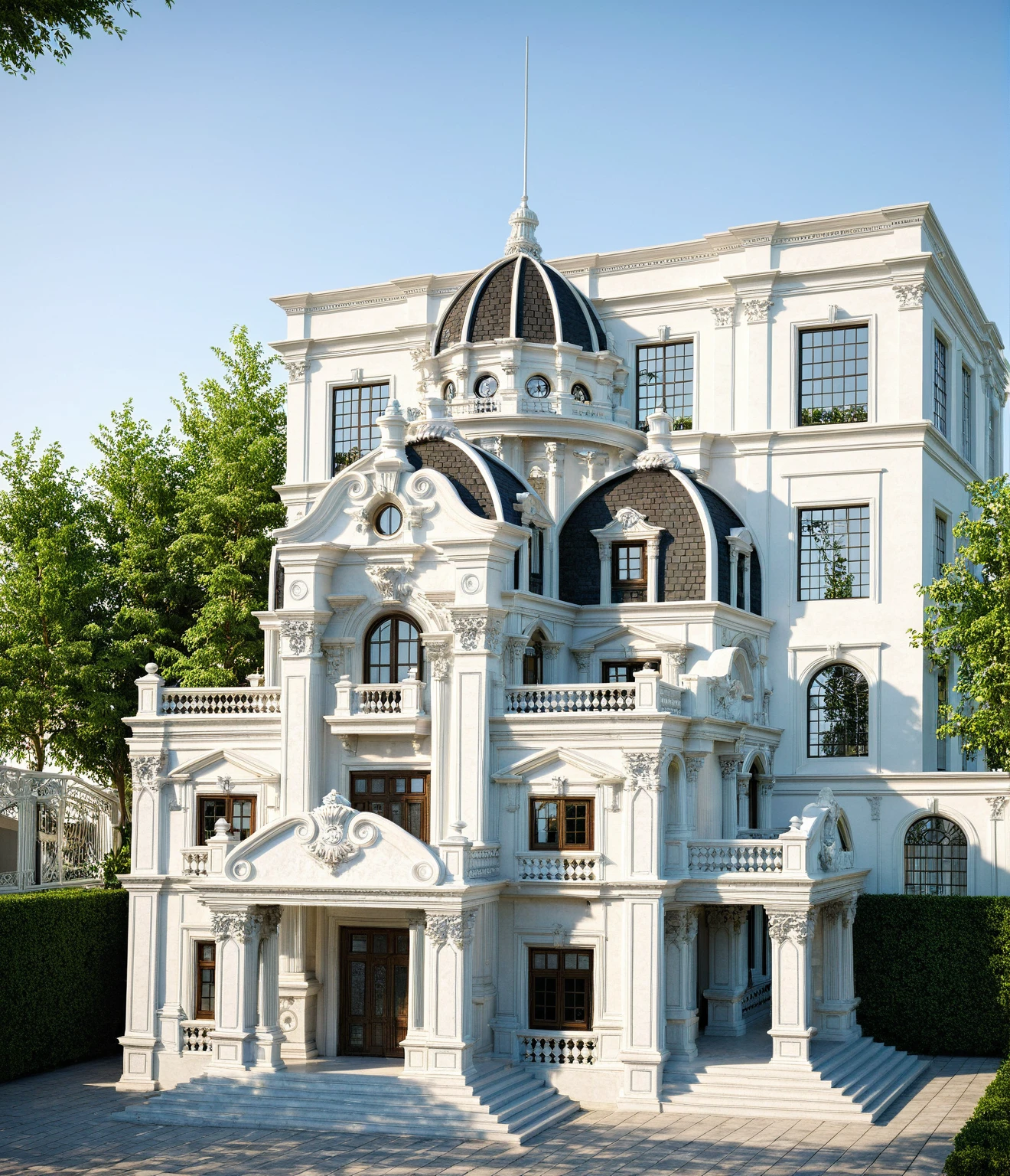 neoclassic house, exterior design, (white wall:1.2), (cornice details, neoclassical relief details), (iron gate), (reflection glass Tree shadow scattering), window, (focus on object), (Neutral lighting is suitable for the neoclassic house, light color thermometer lighting), (architectural design visualization), (focus on object), (material normal bump real reflection), (scattered light), (light ray), (multi-beam light), (sunbeam) (multi-level reflection), (chao vantage software visualization render),(((Best Quality))), ((Masterpiece)), ((best illustration)), ((best shadows)), ((Super Detail)), (Intricate lines), (Photorealism),(hyper detail), ((archdaily)), ((award winning design)), (dynamic light), ((dawn sun light )), (perfect light), (shimering light), ((photorealistic)), ((intricate detail)), ((extreme detail)), ((crazy detail)), ((octane render)), ((trending on artstation)), ((High-fidelity)), ((Viwvid)), ((Crisp)), ((Bright)), ((Stunning)), ((Eye-catching)), ((High-quality)),((Sharp))((Bright)), ((Stunning)), ((natural sun environment)), ((Eye-catching)), ((Illuminating)), ((Flawless)), ((High-quality)),((Sharp edge render)), ((medium soft lighting)), ((photographic render)), ((detailed archviz)), ((reality environment)), (neoclassic house design architectural design facade), (neoclassic house facade roof design), (neoclassic house facade wall design), (neoclassic house facade decoration material design) (neoclassic house facade door and window design), (environmental lighting design), (neoclassic house facade lighting design), (neoclassic house front gate and fence design), (tree decoration design for neoclassic house facade), (Design lights for gate posts and fences), (neoclassic house facade railing design), (level of photo realism, depends on lighting, materials, composition, Real-Time Rendering, based on chao vantage timage rendering graphics software)