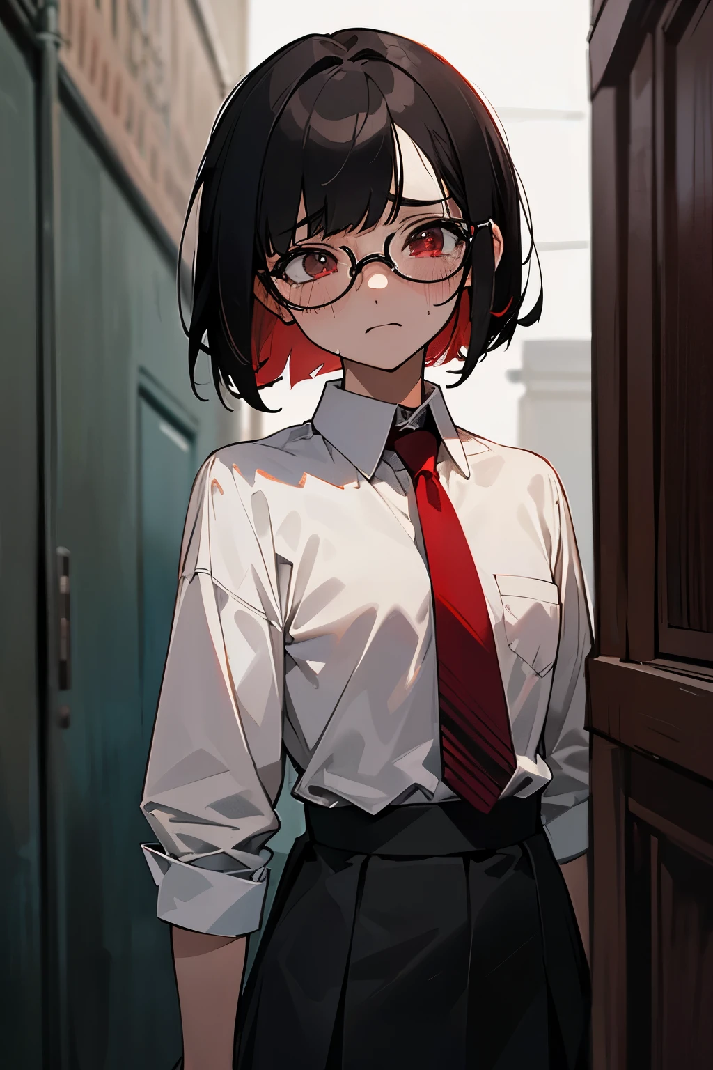 { masterpiece: best quality } { horror theme } { background = back alley : night : dark } { Character = Dahyun : fit body : short dark bob hair with smart bangs : wearing glasses : white collar shirt : red tie : black skirt : terrified : assaulted : harrased : scared : tears : sweats : looking at viewer }