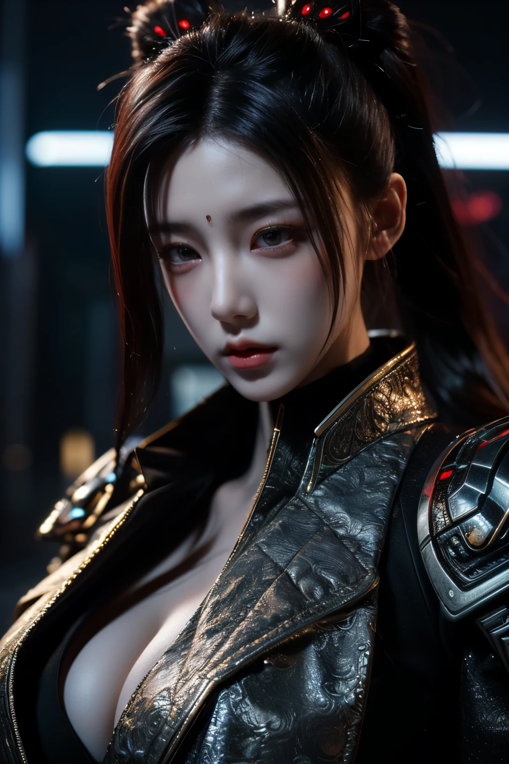 Game art,The best picture quality,Highest resolution,8K,(A bust photograph),(Portrait),(Head close-up),(Rule of thirds),Unreal Engine 5 rendering works, (The Girl of the Future),(Female Warrior), 22 year old girl,(Female hackers),(White,Ancient Oriental hairstyle),((The pupils of the red eyes:1.3)),(A beautiful eye full of detail),(Big breasts),(Eye shadow),Elegant and charming,indifferent,((Anger)),(Cyberpunk jacket full of futuristic look,Joint Armor,There are exquisite Chinese patterns on the clothes,A flash of jewellery),cyberpunk characters,futuristic style, photo poses,city background,Movie lights,Ray tracing,Game CG,((3D Unreal Engine)),OC rendering reflection pattern
