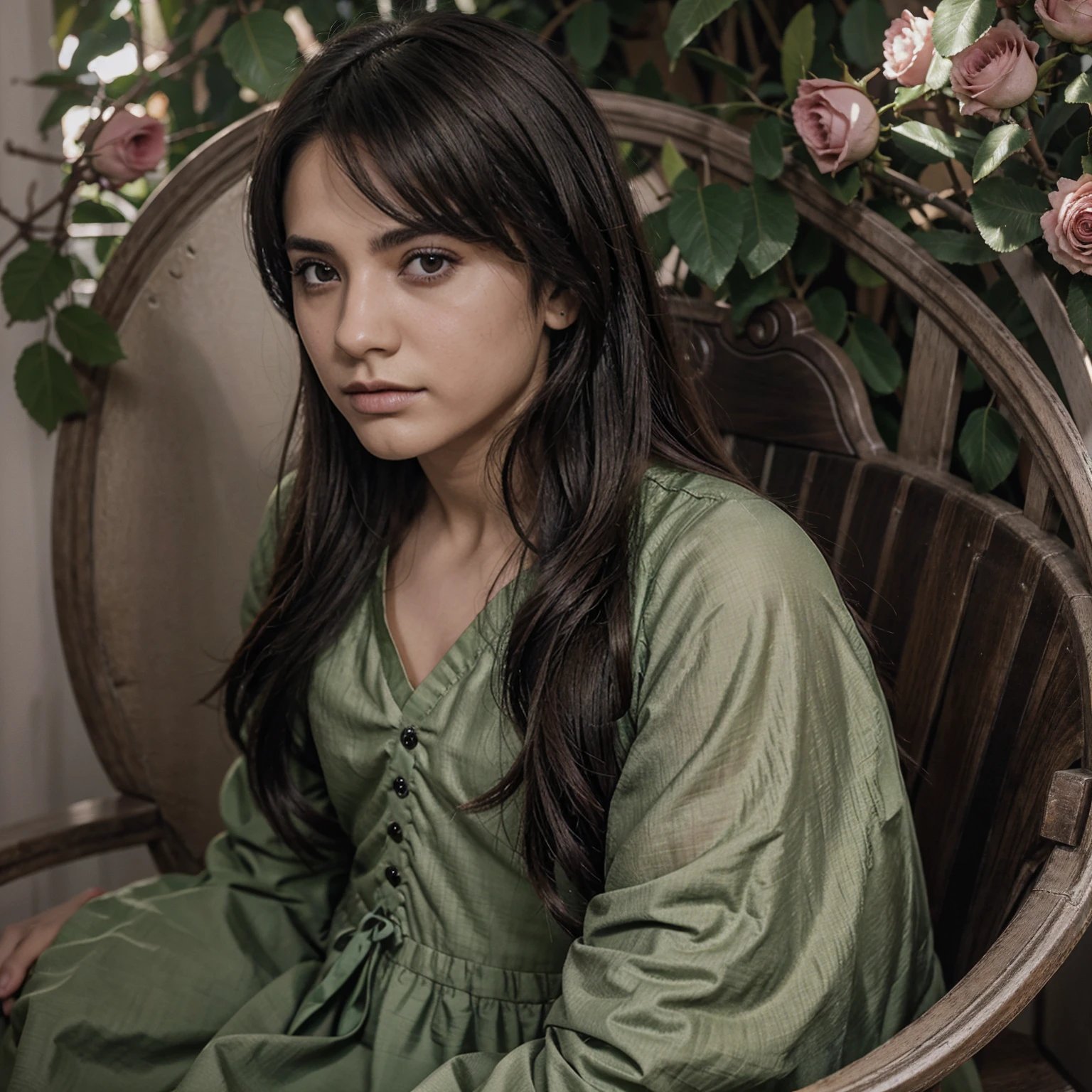 Foto realista de chico guapo, vestido de traje de la realeza, ojos verdes, cabello oscuro , sentado en un trono, con rosas a su alrededor, calaveras en el suelo