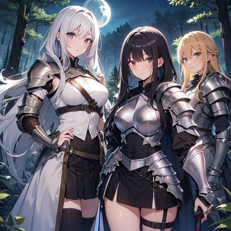 A group of female knight, (in forest), various hair styles, harem, wearing armored clothes, metal armor, night, details face, , short skirt, seducing, sword