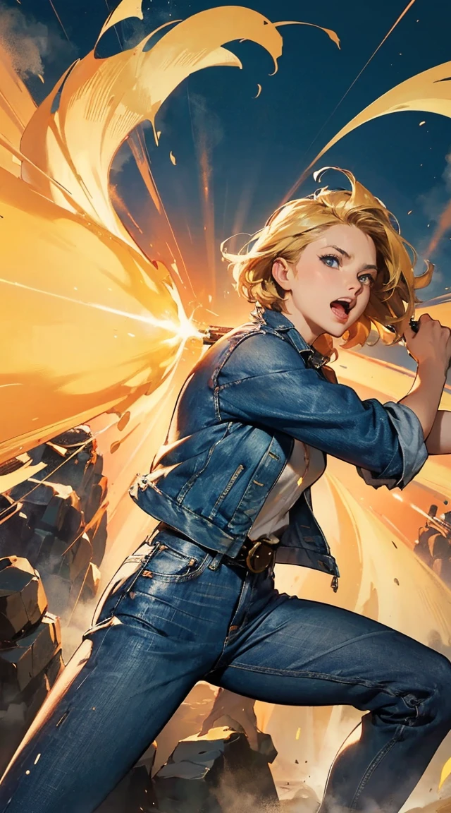 (SFW)Similar arts John Buscema(((1 rapariga, fluffy, denim jackets, White blouses, jeans, key money, Loire, short-haired, bobhair, Parting hair to the side, blue eyes))), (((blonde  hair))), dynamicposes, Manga style , Depict a group of characters in different action scenes, from intense battles to joyous moments, with dramatic lines of speed and bold sound effects, capturing the excitement and energy of the story, palm laser beams, Attack forward with the palm of your hand, Yellowstone Park, Grand Canyon,