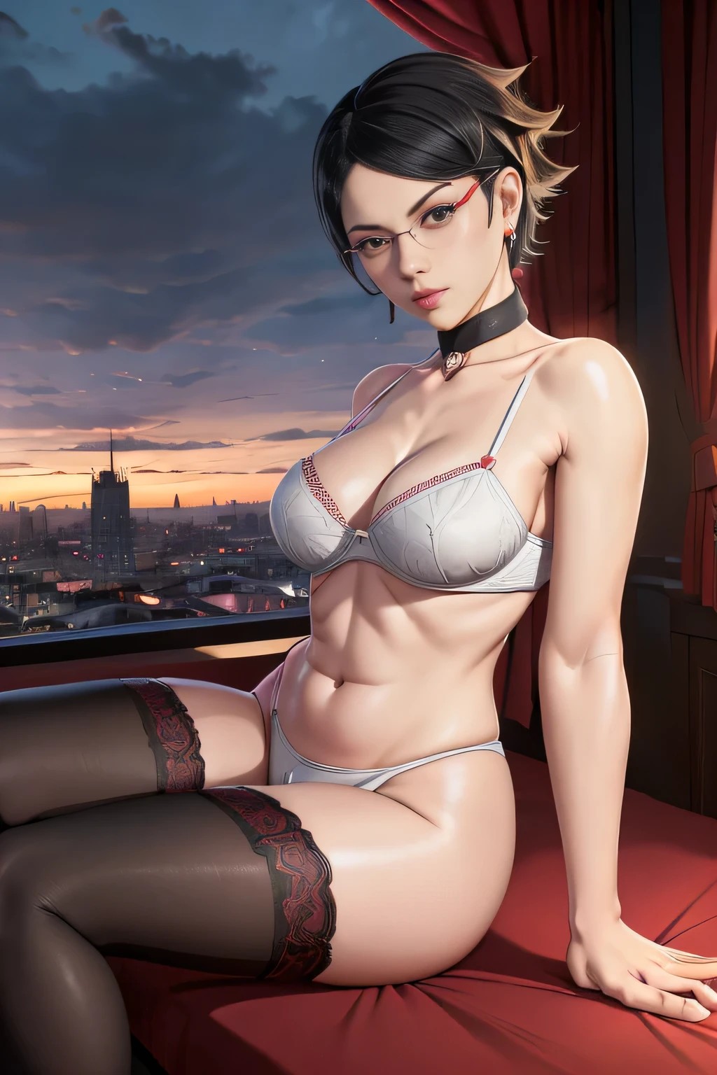 masterpiece, absurdres , perfect face, (intricate details), (colorful),cinematic lighting,extremely detailed CG unity 8k wallpaper , Sarada Uchiha, 1girl, solo, slim fit, (white tight lingerie with white stockings) , looking at viewer, outdoors, hotel bedroom , cloudy sky, wind, seductive pose,