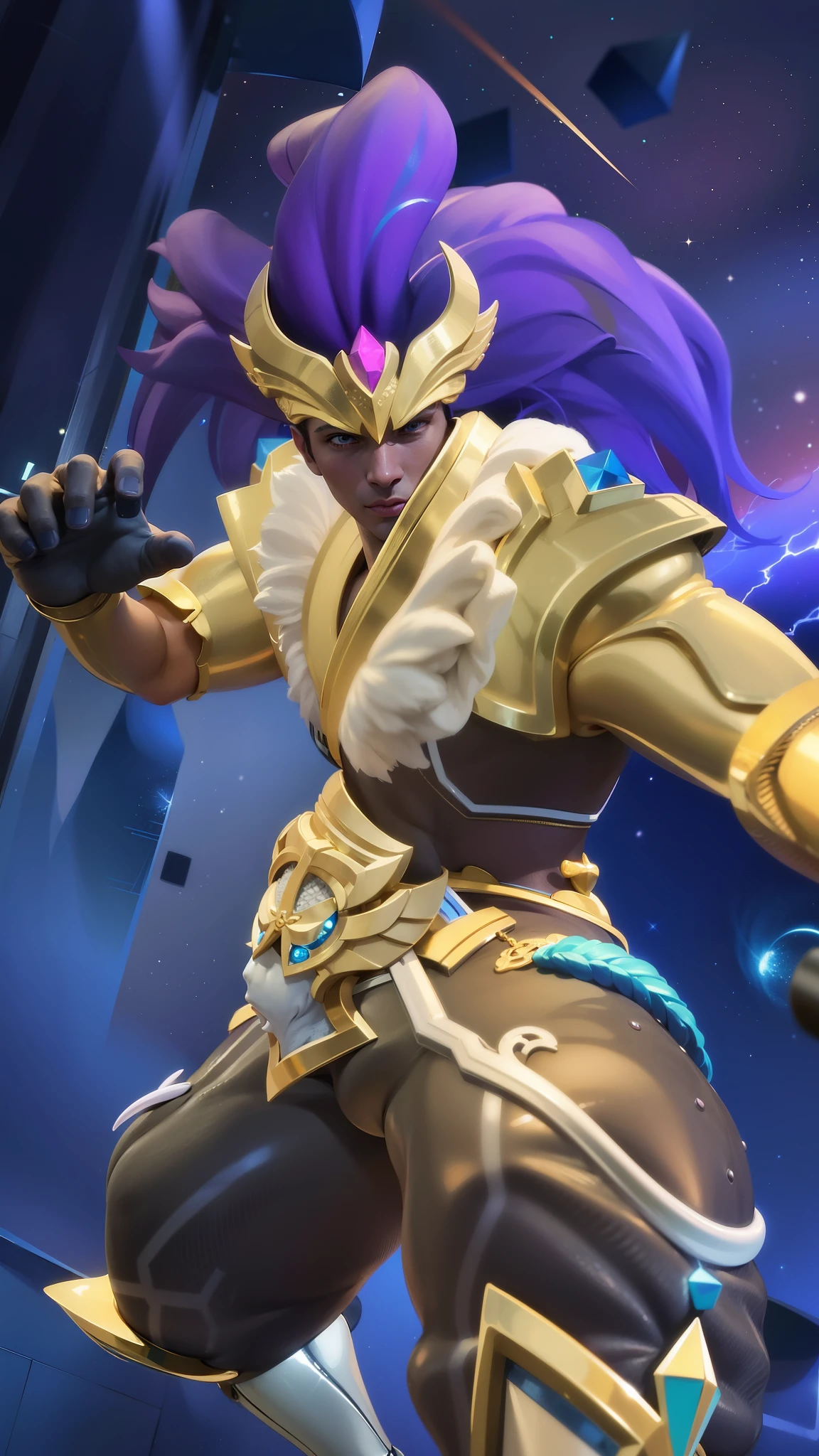 a close up of a male with a purple hair and a gold outfit, Best quality, masterpiece, detailed skin texture, detailed clothes texture, detailed face, super detailed, 8k, intricate detail, The color doesn't change, Muscle guy, 1 male, angry, shining blue eyes.