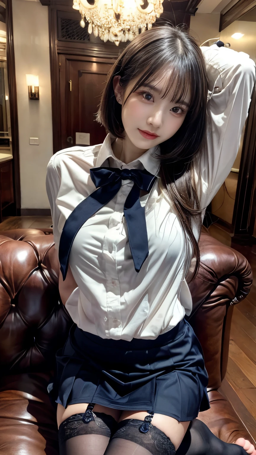 (8k, Raw photo, highest quality, masterpiece:1.2), masterpiece, highest quality, figure, Very detailed, Fine details, High resolution, 8k,wallpaper, Perfect dynamic composition,(Detailed high quality, Realistic depiction of eyes:1.3), ((2 girls, 2 high school girls)), The background is a room in a luxury hotel、 uniform、blazer 、Super Short Check Uniform Skirt、Navy blue knee-high socks、garter belt、huge 、Disheveled uniform, Play with each other,Touching each other's bodies,Touching the body of the girl next door, Short Bob Hair, Black hair color, hugeな胸, Big Natural Color Lip, Bold sexy pose, (Perfect figure), Crying a little、Cold Stare, Beautiful Makeup,Glitter makeup,The cutest 18 year old, Beautiful feet, Gravure idol pose, Voluptuous thighs, Spread your legs, Flip up the skirt, Lace panties