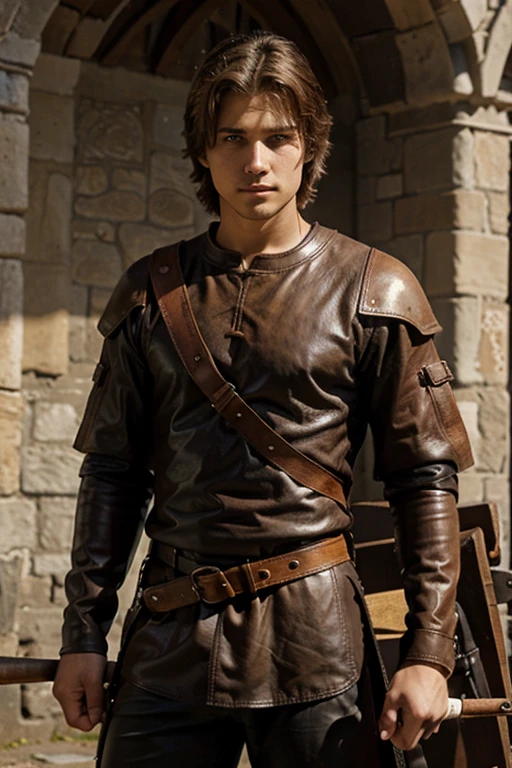 eighteen year old man, shaggy brown hair, athletic build, light facial hair shading, medieval, wearing leather tunic, 2 javelins strapped to his back, relaxed