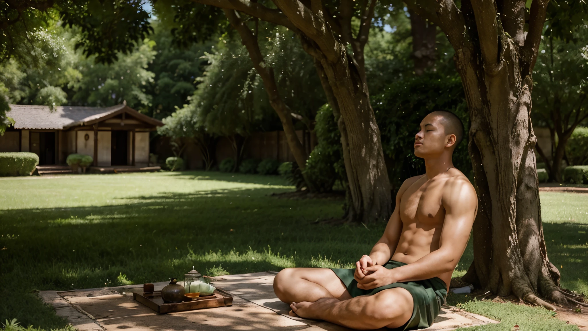 a man meditation under a tree , painting, tithi luadthong, buddhist, buddhism, beautiful depiction, by Artur Tarnowski, by John La Gatta, by Alexander Kucharsky, rob rey and kentarõ miura, by Sasha Putrya, buddhist art, yuri shwedoff and tom bagshaw, masterpiece, high resolution, high quality, high details, high face details, high face quality 