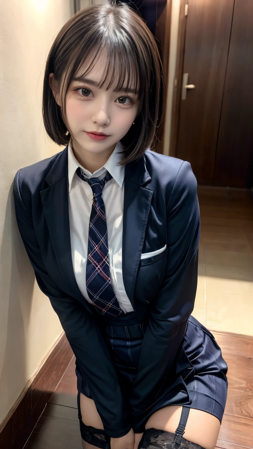 (8k, Raw photo, highest quality, masterpiece:1.2), masterpiece, highest quality, figure, Very detailed, Fine details, High resolution, 8k,wallpaper, Perfect dynamic composition,(Detailed high quality, Realistic depiction of eyes:1.3), ((2 girls, 2 high school girls)), The background is a room in a luxury hotel、 uniform、blazer 、Super Short Check Uniform Skirt、Navy blue knee-high socks、garter belt、huge 、Disheveled uniform, Play with each other,Touching each other's bodies,Touching the body of the girl next door, Short Bob Hair, Black hair color, hugeな胸, Big Natural Color Lip, Bold sexy pose, (Perfect figure), Crying a little、Cold Stare, Beautiful Makeup,Glitter makeup,The cutest 18 year old, Beautiful feet, Gravure idol pose, Voluptuous thighs, Spread your legs, Flip up the skirt, Lace panties