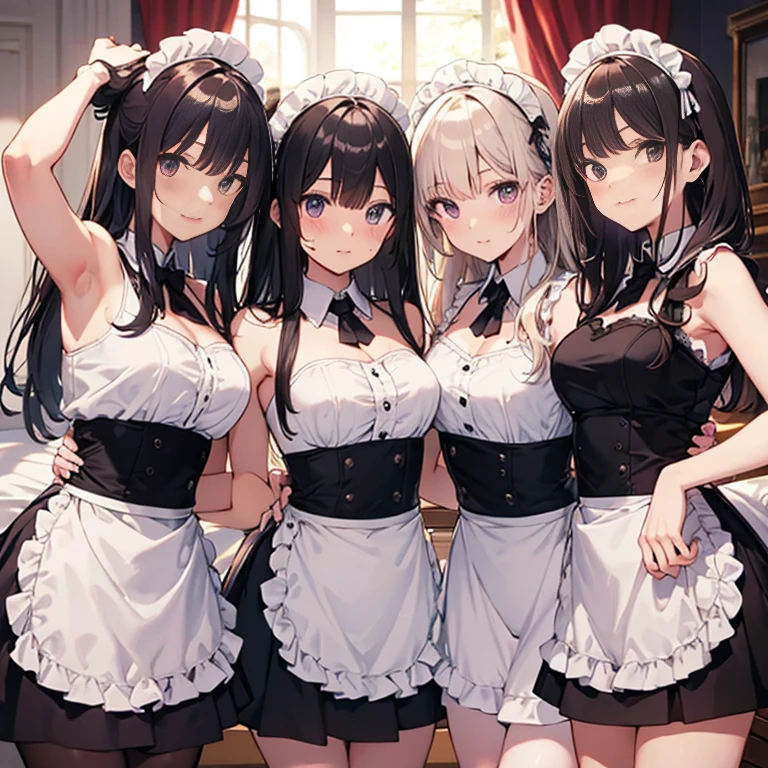 A group of maids, (in bedroom), various hair styles, harem, night, details face, short skirt, seducing, sleeveless, sweaty armpits