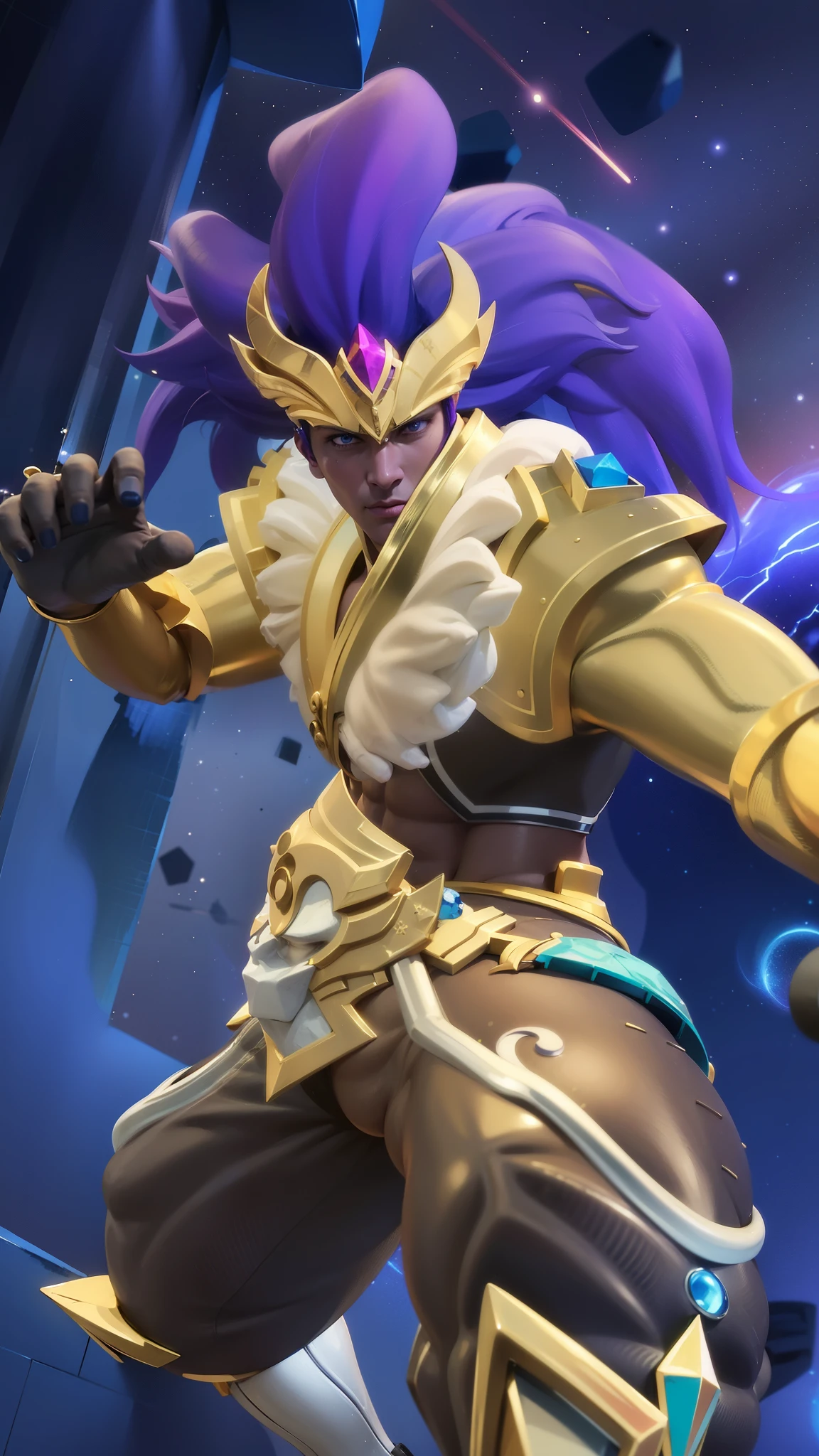 a close up of a male with a purple hair and a gold outfit, Best quality, masterpiece, detailed skin texture, detailed clothes texture, detailed face, super detailed, 8k, intricate detail, The color doesn't change, Muscle guy, 1 male, angry, shining blue eyes.