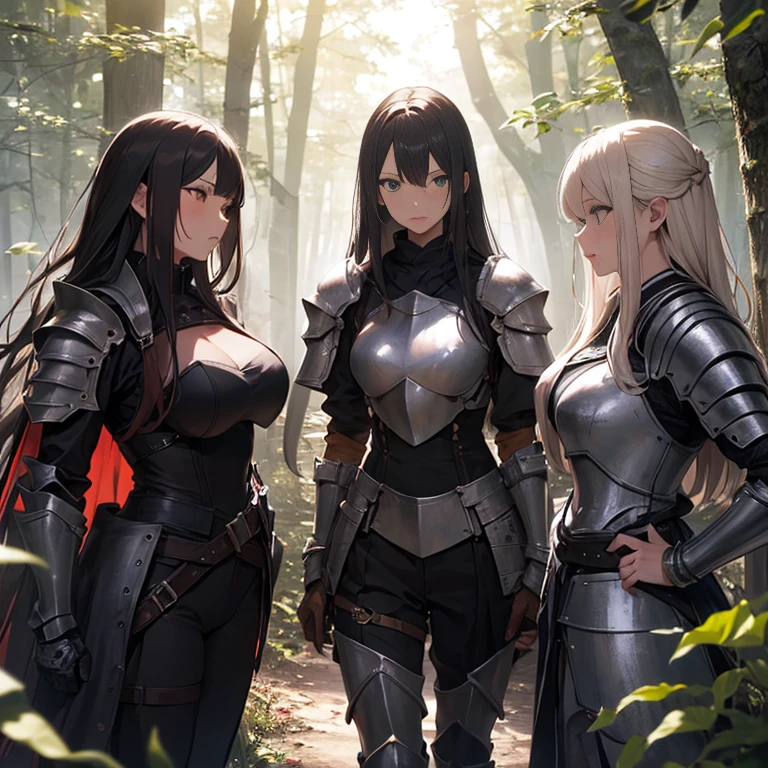 A group of  female knight, (in forest), various hair styles, harem, wearing armored clothes, metal armor, night, details face, trousers, seducing, sword 